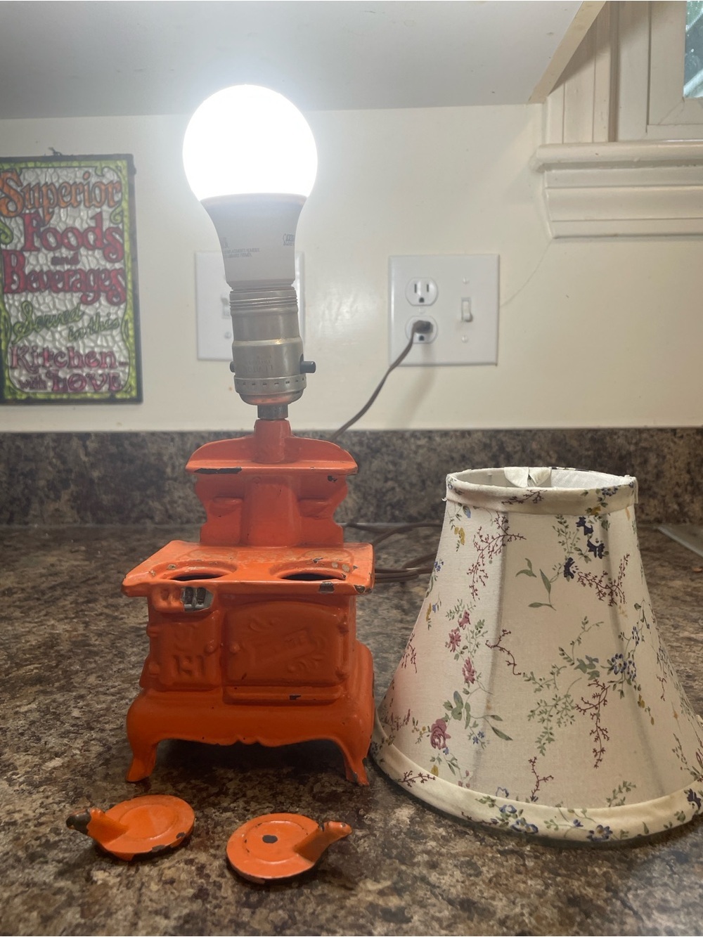 ACME Orange Mini Cast Iron Stove Lantern Vtg Salesmen Sample Floral Fabric Shade